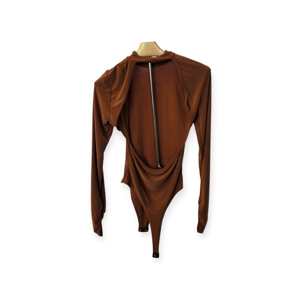 Brown Longsleeve Bodysuit Top with back cutout, Medium - Picture 2 of 3